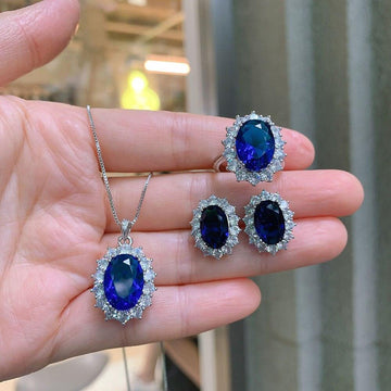 NEW ARRIVALS - Charming Lab Tanzanite Sapphire Gemstone Lab Diamond Fine Jewelry Sets - The Jewellery Supermarket